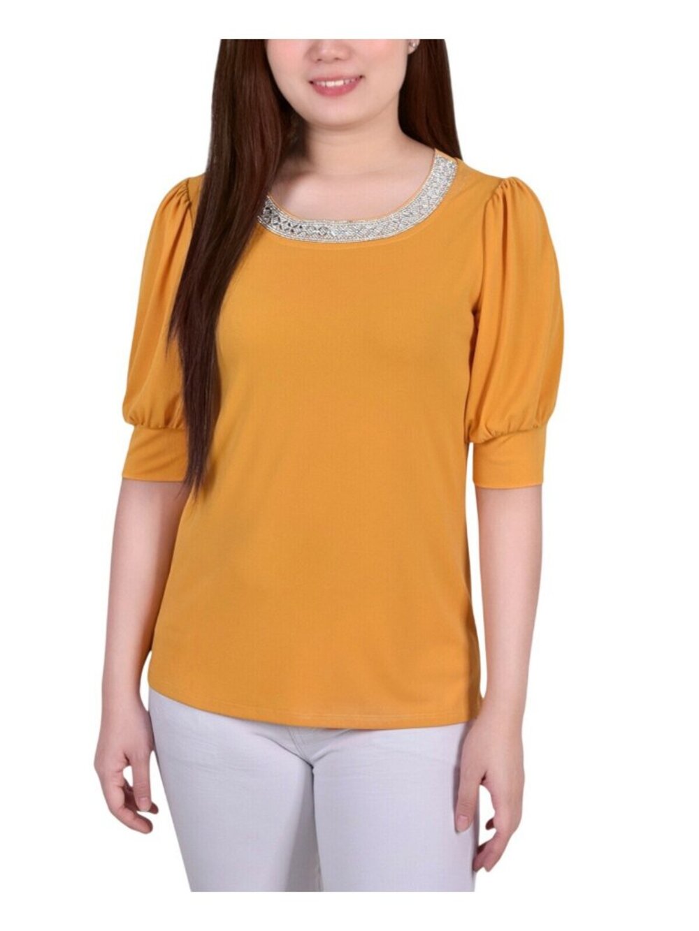 NWT Ny Collection Sleeve Embellished Neckline Blouse Top Golden Glow Yellow PXL
